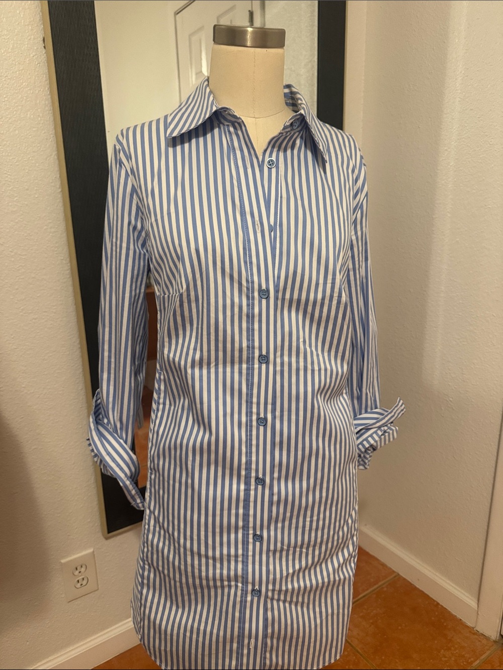 CAbi Blue and White Long-Sleeve Striped Shirt Dress